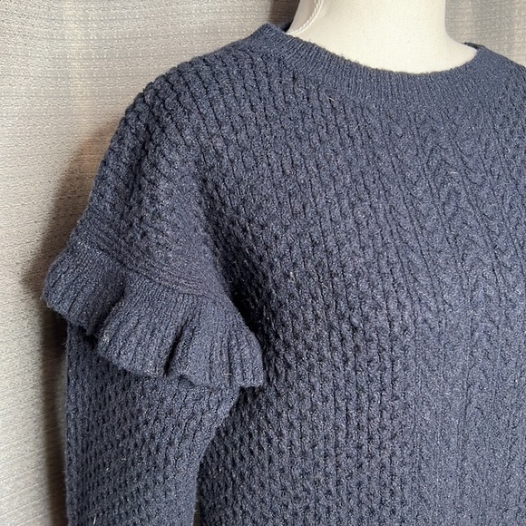 J. CREW XS DARK BLUE KNIT SWEATER DRESS WITH RUFFLE ON SLEEVES - Picture 3 of 7
